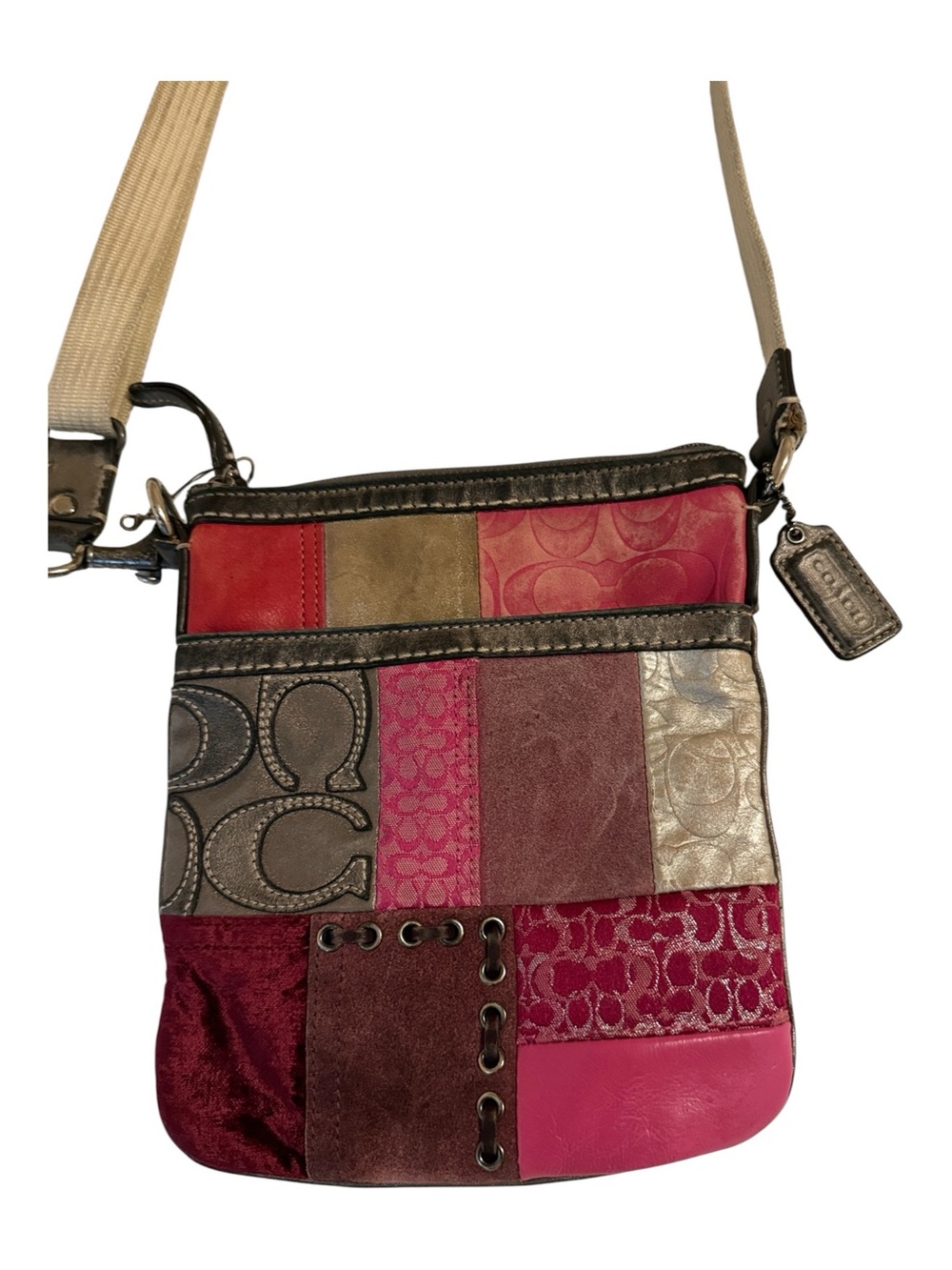 Coach Pink/Maroon Patchwork Swingpack messenger bag patchwork, leather/suede